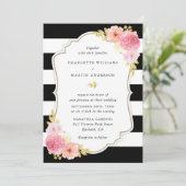 白黒赤面ストライプのピンクフローラ結婚ズ 招待状 (スタンド正面)