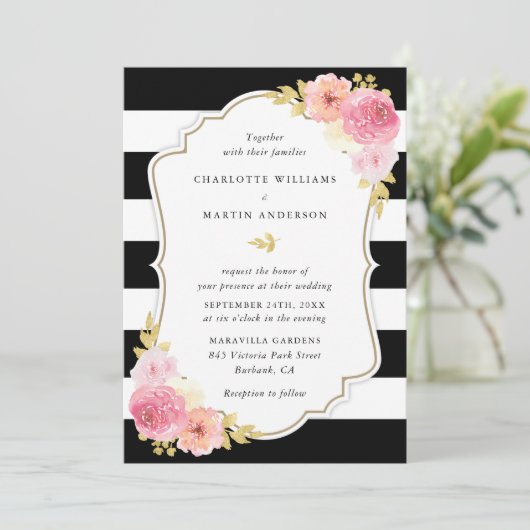 白黒赤面ストライプのピンクフローラ結婚ズ 招待状 (スタンド正面)