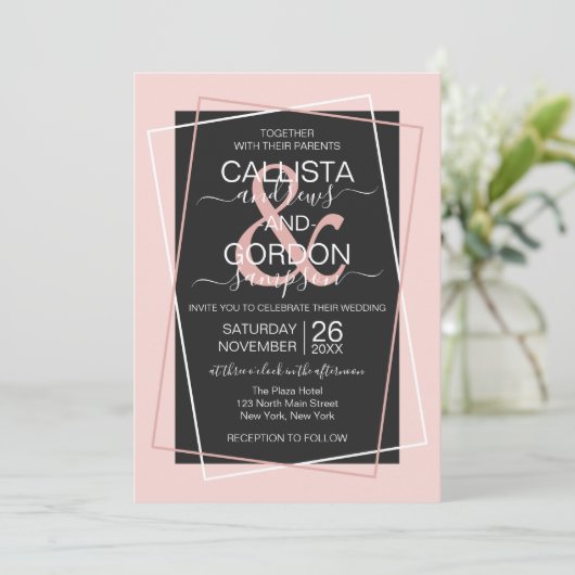 白黒赤面ピンク縁どグオ結婚ズ 招待状 (スタンド正面)