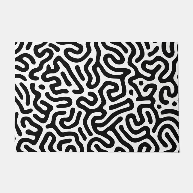 白黒迷路模様線装飾モード ドアマット (正面)