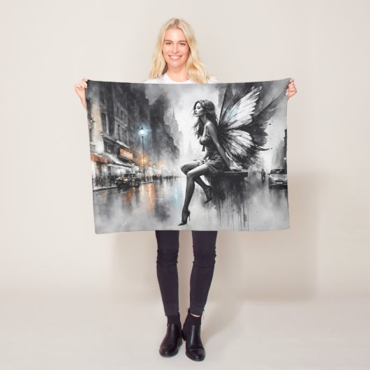 白黒都市生活超現実童話の街 フリースブランケット (インサイチュ)