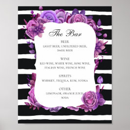 白黒酒結婚バー。紫のフローラ ポスター