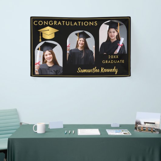 白黒金ゴールドおめでとう3写真卒業 横断幕 (トレードショー)