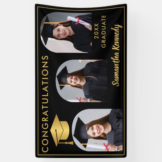 白黒金ゴールドおめでとう3写真卒業 横断幕 (縦)