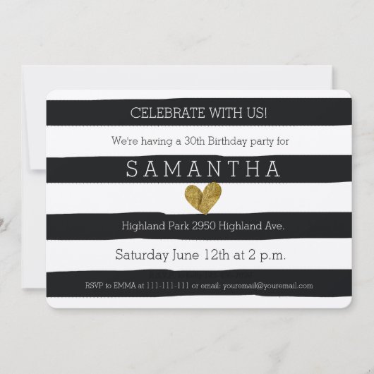 白黒金ゴールドのハート 招待状 (正面)