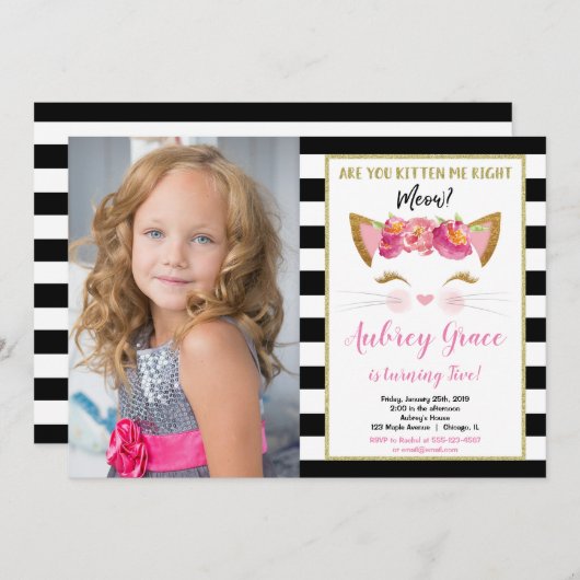 白黒金ゴールドの子猫の誕生日写真 招待状 (正面/裏面)