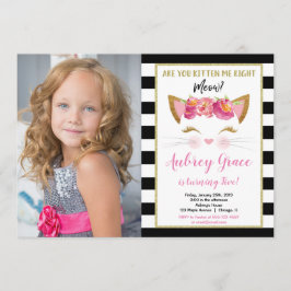 白黒金ゴールドの子猫の誕生日写真 招待状