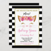 白黒金ゴールドの子猫誕生パーティー 招待状 (正面/裏面)