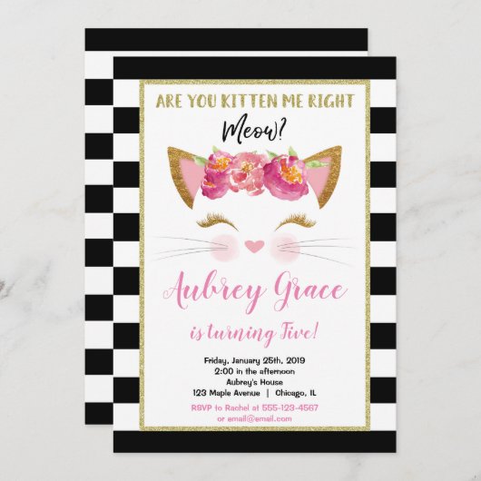 白黒金ゴールドの子猫誕生パーティー 招待状 (正面/裏面)