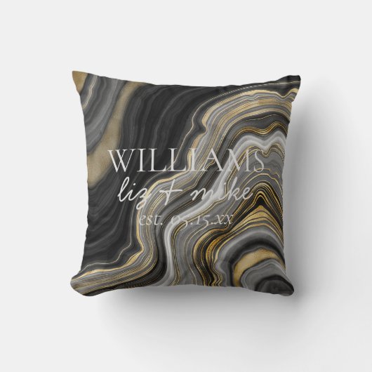 白黒金ゴールドの結婚Agate NameのDate Keepsake クッション (正面)