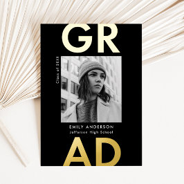 白黒金ゴールドはっきりした大学院写真卒業 箔招待状