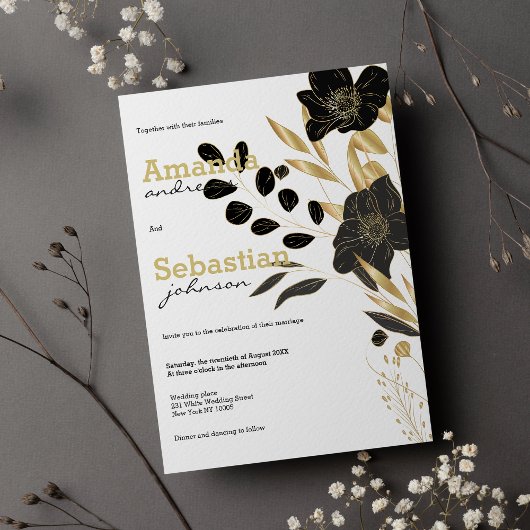白黒金ゴールドエレガントフローラ結婚フローラ 招待状