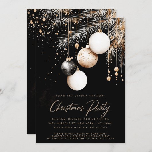 白黒金ゴールドオーナメントボーブルクリスマスパーティー 招待状 (正面/裏面)