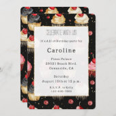 白黒金ゴールドカップケーキさくらんぼオントップ誕生日 招待状 (正面/裏面)