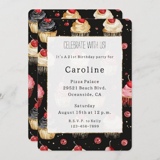 白黒金ゴールドカップケーキさくらんぼオントップ誕生日 招待状 (正面/裏面)