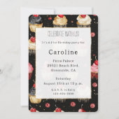 白黒金ゴールドカップケーキさくらんぼオントップ誕生日 招待状 (正面)