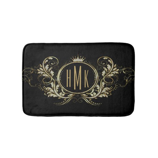 白黒金ゴールドグリッターガーリーフローラ枠 バスマット (正面)