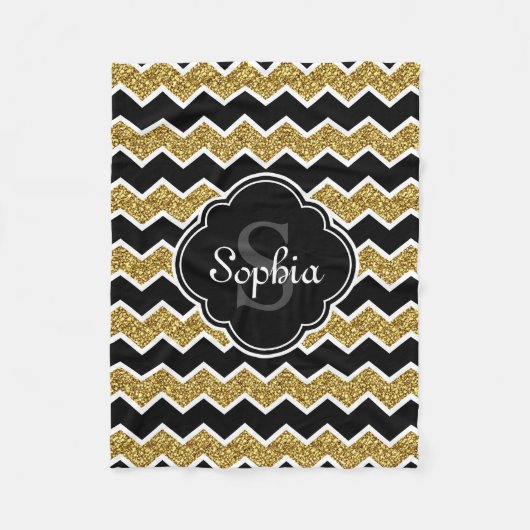 白黒金ゴールドグリッターシェブロンパターン フリースブランケット (正面)