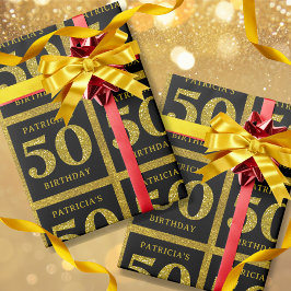 白黒金ゴールドグリッター名前をカスタムする50誕生日 ラッピングペーパー