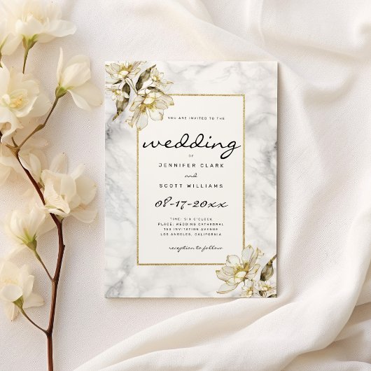 白黒金ゴールドグリッター大理石結婚の花 招待状