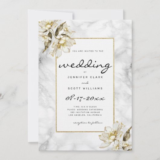 白黒金ゴールドグリッター大理石結婚の花 招待状 (正面)