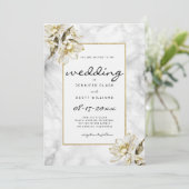 白黒金ゴールドグリッター大理石結婚の花 招待状 (スタンド正面)