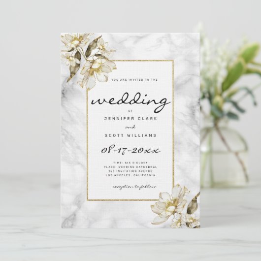 白黒金ゴールドグリッター大理石結婚の花 招待状 (スタンド正面)