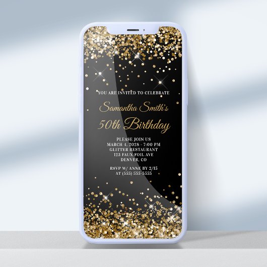 白黒金ゴールドグリッター50誕生日 招待状