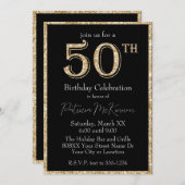 白黒金ゴールドグリッター50誕生日 招待状 (正面/裏面)