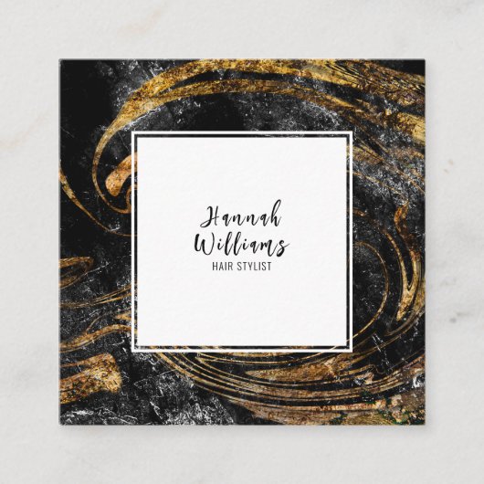 白黒金ゴールドグリッターQrコード抽象芸術大理石 スクエア名刺 (正面)