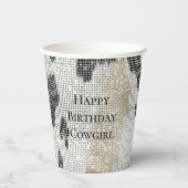 白黒金ゴールドコウィド女性のカーボーイスパークル誕生日 紙コップ (正面)