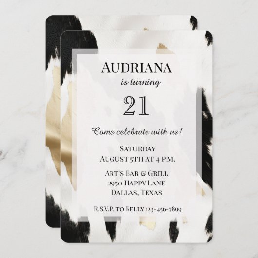 白黒金ゴールドコーウィドサウスウエスト誕生日 招待状 (正面/裏面)