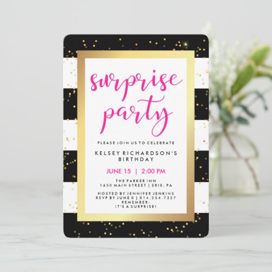 白黒金ゴールドサプライズストライプパーティー付き 招待状 (スタンド正面)