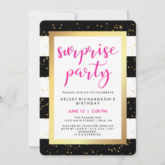 白黒金ゴールドサプライズストライプパーティー付き 招待状 (正面)