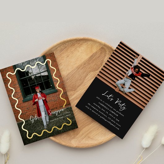 白黒金ゴールドシンプル写真卒業発表 箔招待状