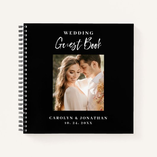 白黒金ゴールドスクリプト写真結婚のゲストブック ノートブック (正面)
