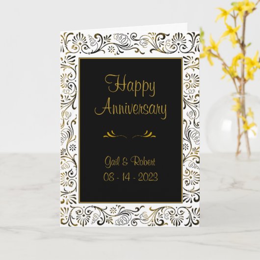 白黒金ゴールドスクロールワークハッピーアニバーサリーカード カード (黄色い花)