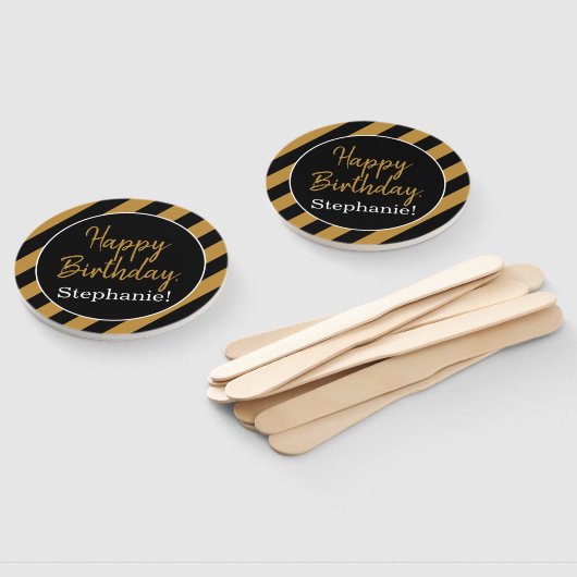 白黒金ゴールドストライプと白い誕生日パーティー ハンドファン (組立なし)