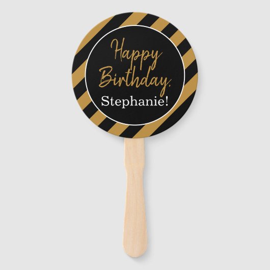 白黒金ゴールドストライプと白い誕生日パーティー ハンドファン (正面)