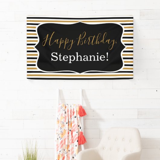 白黒金ゴールドストライプと白い誕生日パーティー 横断幕 (インサイチュ)