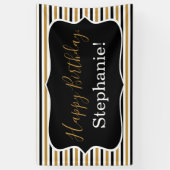 白黒金ゴールドストライプと白い誕生日パーティー 横断幕 (縦)
