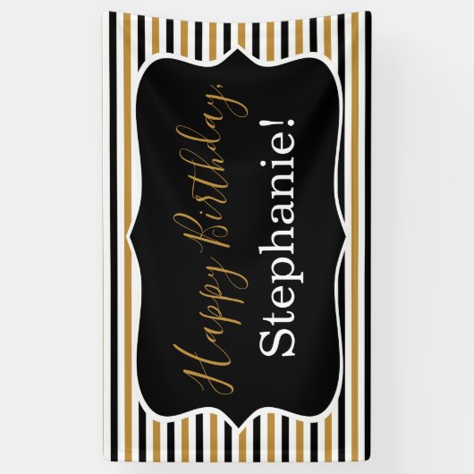 白黒金ゴールドストライプと白い誕生日パーティー 横断幕 (縦)
