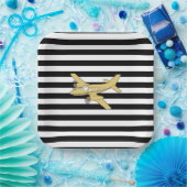 白黒金ゴールドストライプと飛行機 ペーパープレート (パーティー)