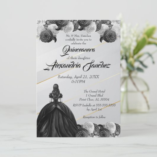 白黒金ゴールドストライプのフローラキンセアニェラ 招待状 (スタンド正面)