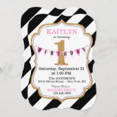 白黒金ゴールドストライプグリッター第1の誕生日 招待状 (正面/裏面)