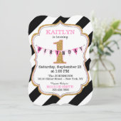 白黒金ゴールドストライプグリッター第1の誕生日 招待状 (スタンド正面)