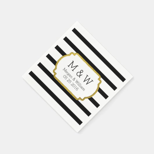白黒金ゴールドストライプズ結婚ナプキン スタンダードカクテルナプキン (角)