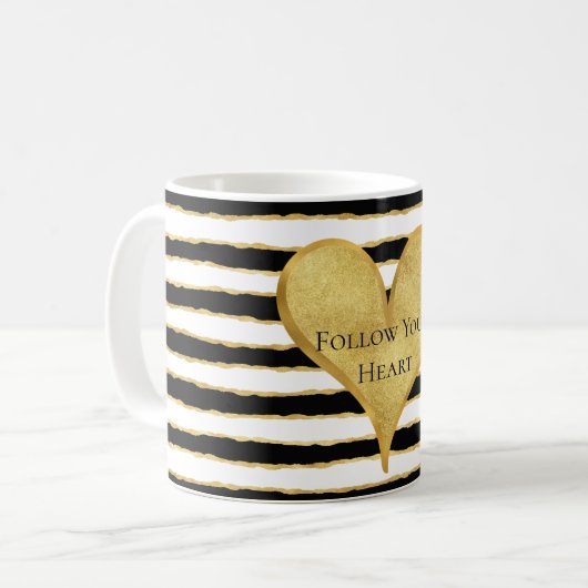 白黒金ゴールドストライプハート引用文 コーヒーマグカップ (正面左)