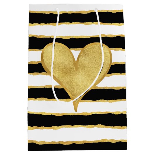 白黒金ゴールドストライプハート ミディアムペーパーバッグ (正面)