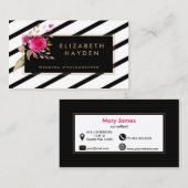 白黒金ゴールドストライプフローラ名刺 名刺 (正面/裏面)